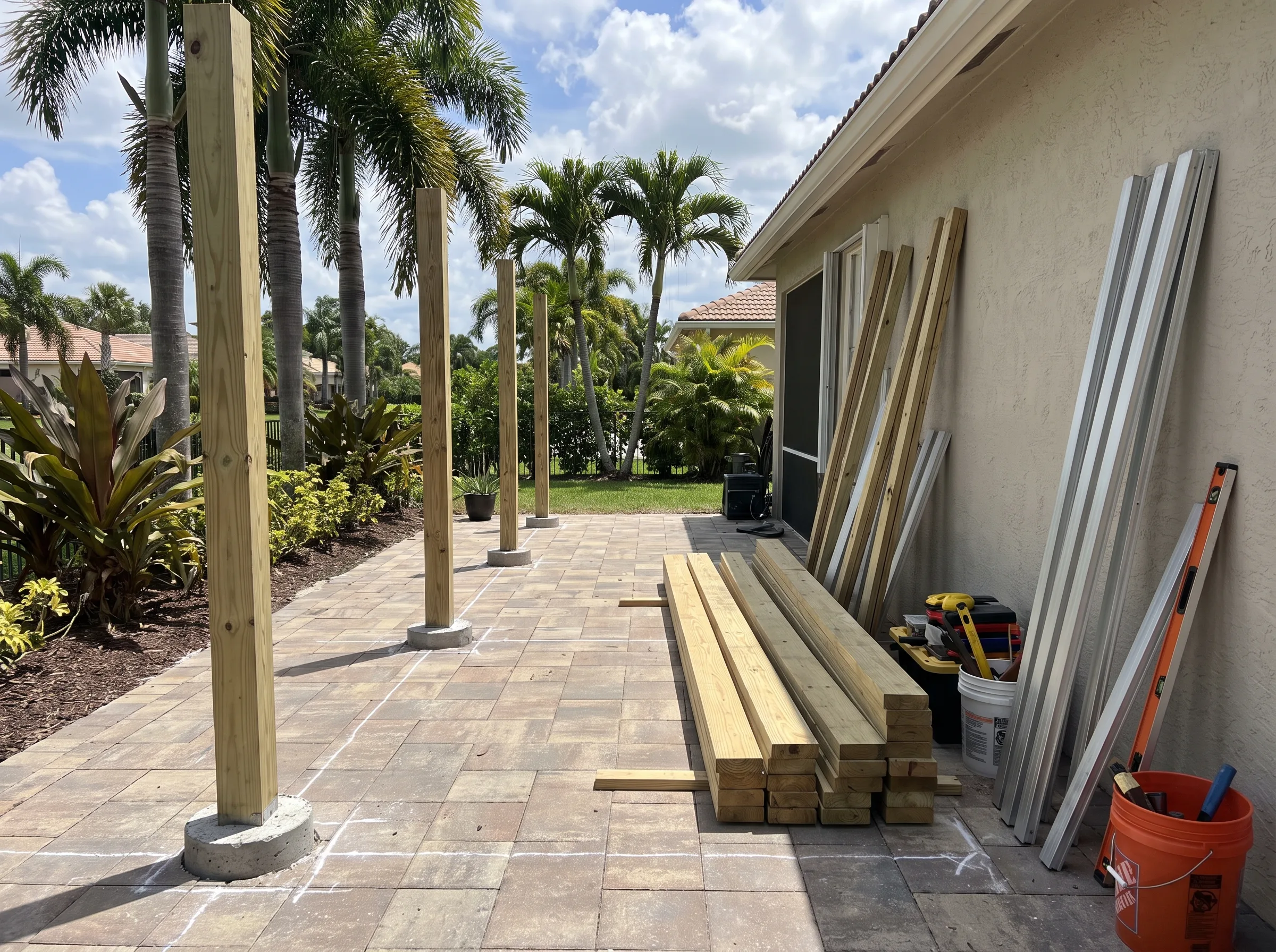 Pergola posts set in concrete footings on a Florida patio with beams and aluminum profiles staged nearby.