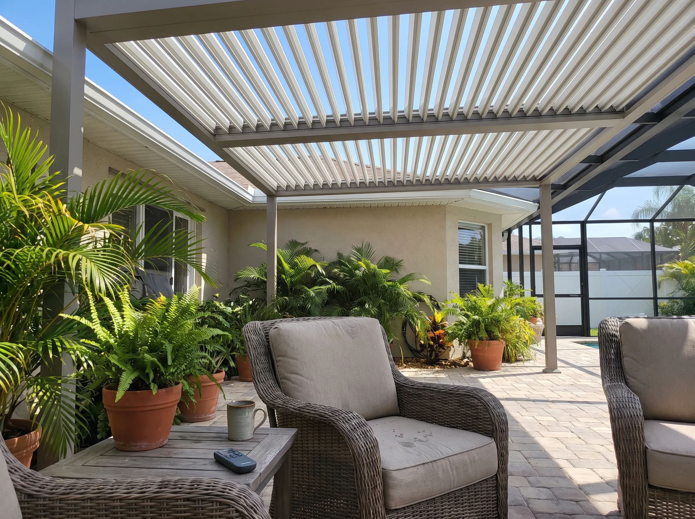 Motorized louvered pergola on a Florida patio with a remote resting on a side table.